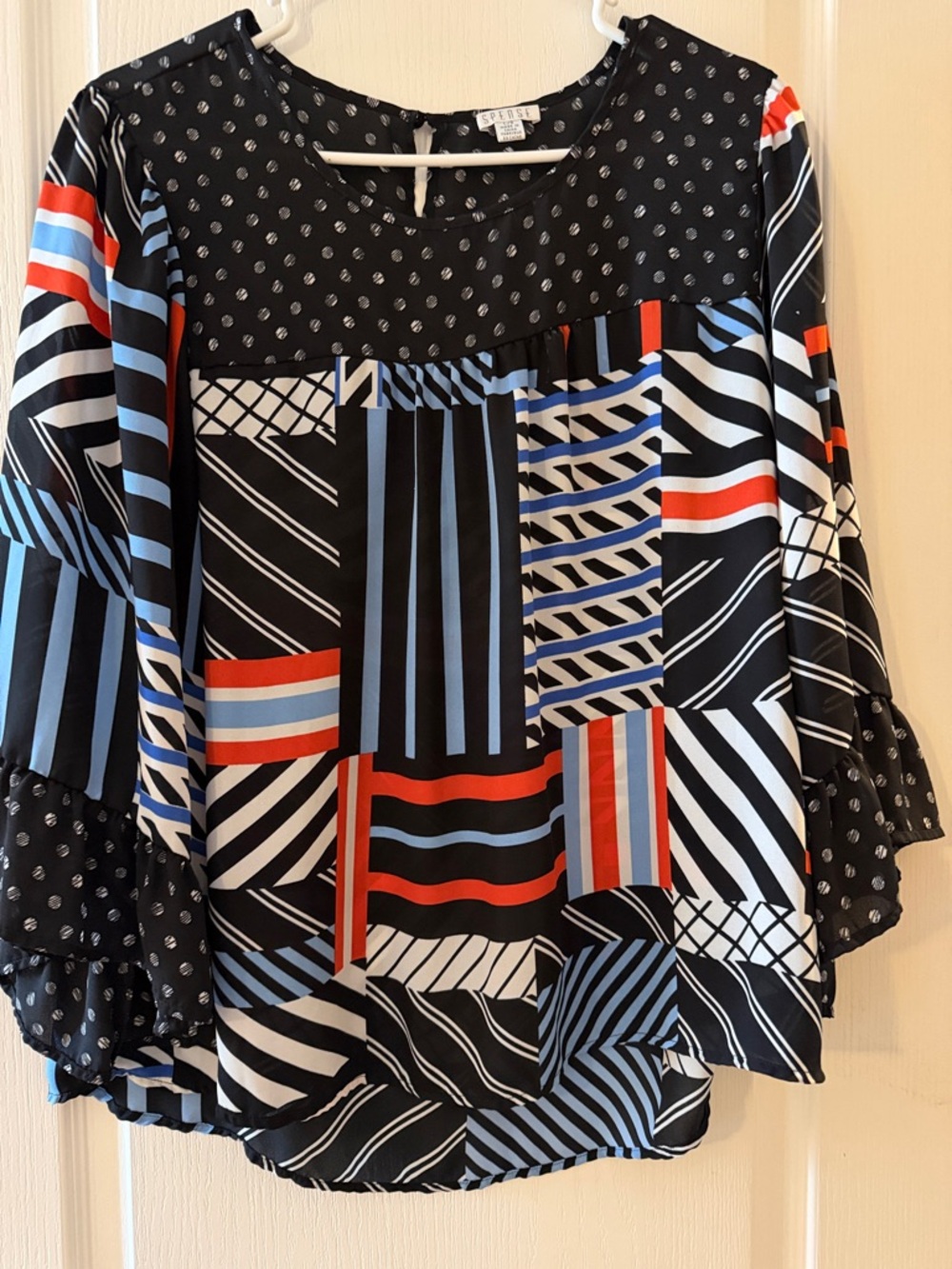 Spense Blue & Orange Geometric Patchwork Blouse